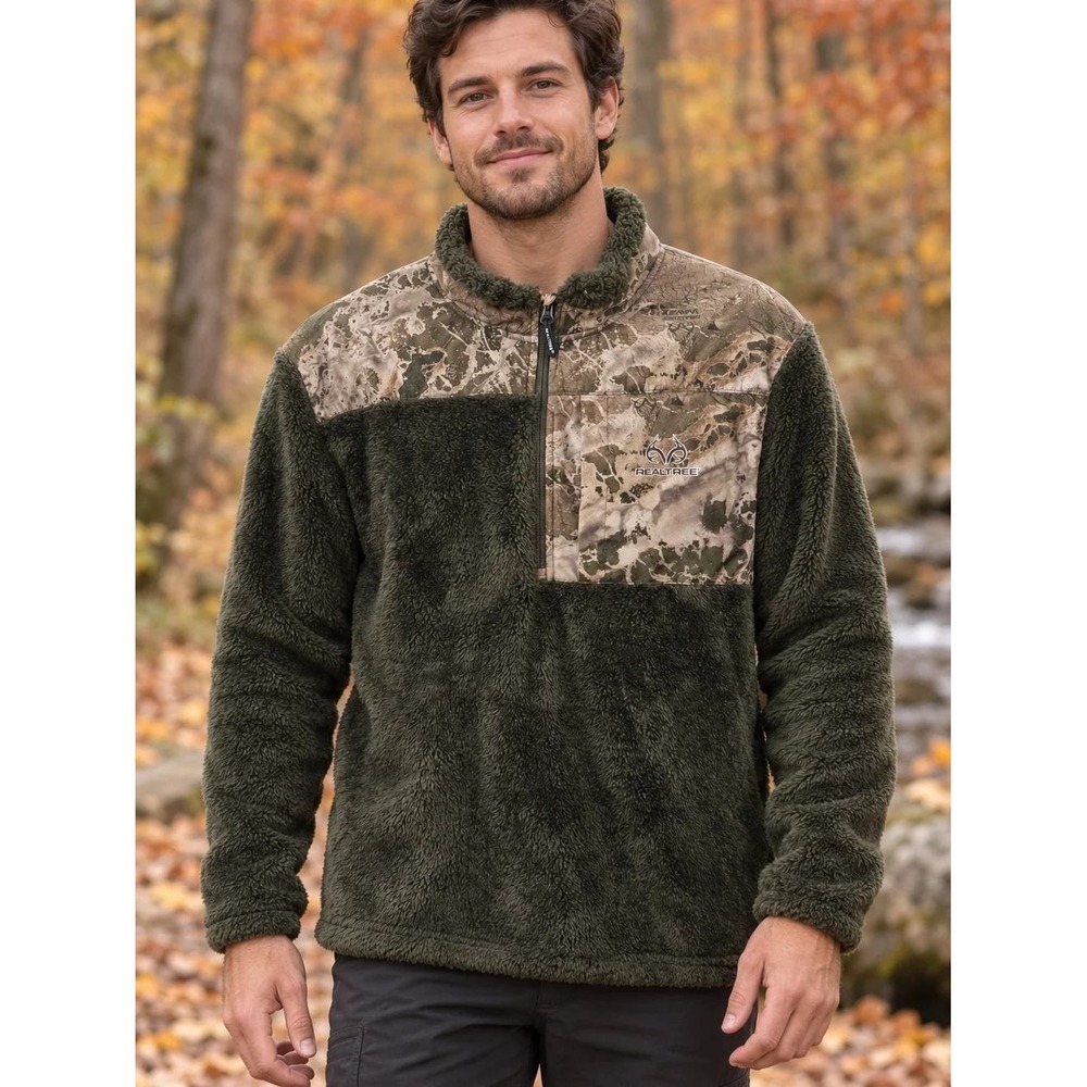 Realtree Fleece Pullover Mens Large Green Camo Sherpa Quarter Zip Jacket Warm